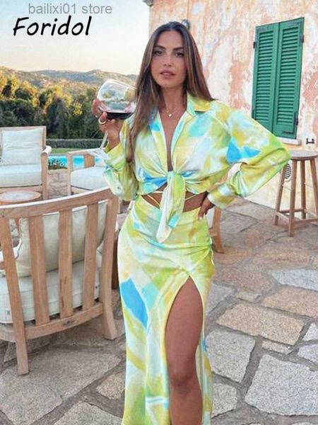 

two piece dress foridol tie dyed printe yellow green satin dress set shirt tie up long sleeve slit skirt midi suit silk fashion outfit t2308, White