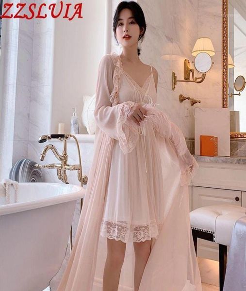 

retro ruffles designer mesh yarn bathrobe suits v neck model sling dresslace robes nightgown set outerwear robe homewear women08415613, Black;red