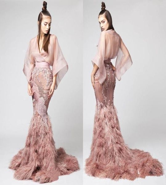 

luxury feather mermaid prom dresses pink v neck lace long sleeve evening gowns sequins illusion beaded women formal party dress3811532, Black
