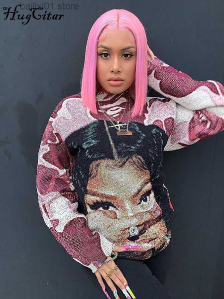 

women's t-shirt hugcitar print long sleeve graphic patchwork oversize crop sweatshirts 2022 fall women casual streetwear grunge clothes, White