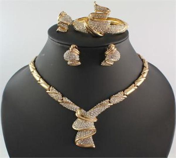 

africa jewelry sets dubai rhinestone necklace bracelet ring earring 18k gold plated party jewellery set3673085, Slivery;golden
