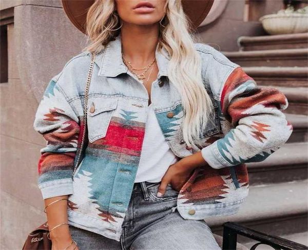 

retro denim jacket long sleeved lapel loose denim stitching woolen jacket female aztec vintage denim stitching coat 2202073366676, Black;brown