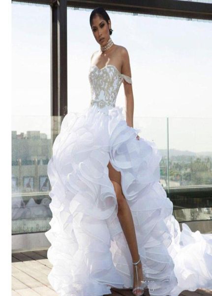 

designer split high low wedding dresses off the shoulder organza tiers ruffle beach bridal gowns plus size vestido de noiva robes 1261716, White