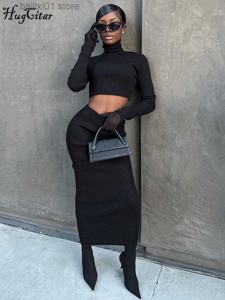 

two piece dress hugcitar knitted turtleneck black long sleeve slim crop maxi skirts 2 pcs set 2022 winter women streetwear party outfit t230, White
