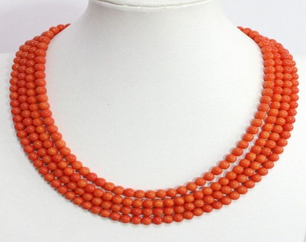 

european pink orange 4 rows 6mm round beads artificial coral chain high grade necklace jewelry 1720inch b14522854136, Silver