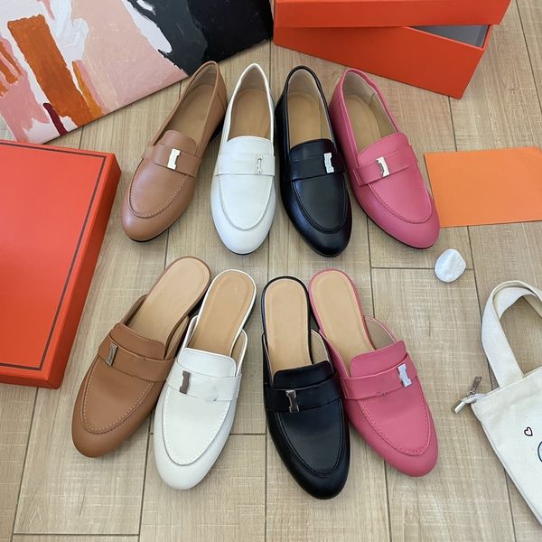 

with silver h buckle logo loafers women sandal closed almond toe flat mules moccasin designer dress shoes slippers lambskin leather slides 2, Black