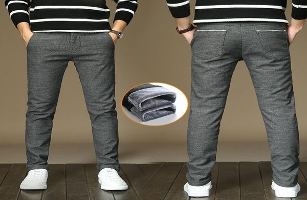 

mens stretch pants with warm fleece dress pants flannel lined black blue grey trousers casual pants winter t1906171217048