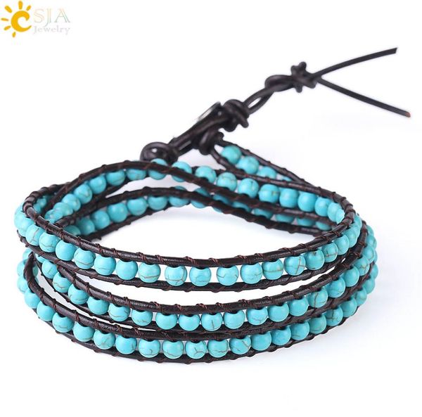 

csja bohemian leather bracelets green turquoise gemstone multilayer beaded wrap bracelet for girls women 6mm wide handmade boho je5531731, Golden;silver