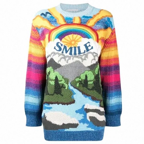 

womens sweaters rainbow pattern pullover sweater loose long sleeve round neck print d6vz#, White;black