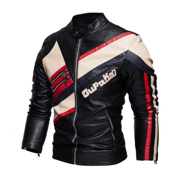 

fashion autumn winter pu leather jacket men coats color block zipper black motor biker motorcycle leather jackets overcoat ssh9enjs006