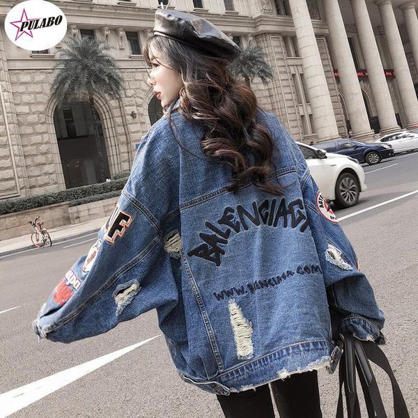 

women's jackets bf harajuk big loose denim jacket women embroidery jeans coat hip hop hole single breasted jeans jacket casual women ja, Black;brown