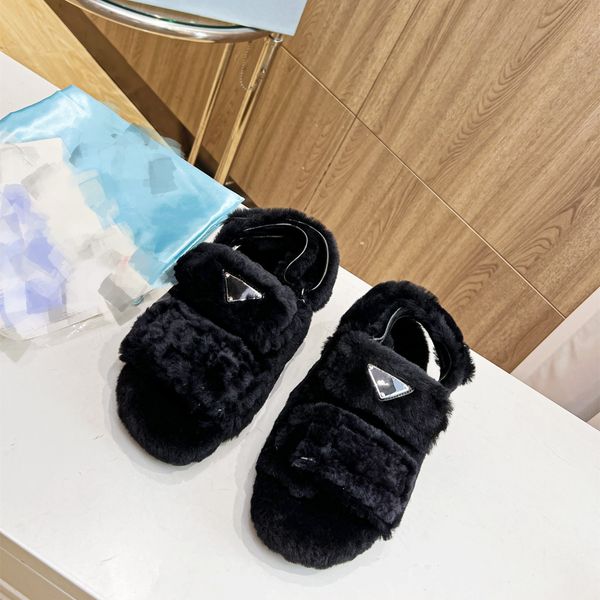 

designer luxury flat fur slides sandals warm sheep wool slippers enameled triangle hook loop straps women shoes winter indoor fluffy fuzzy s, Black