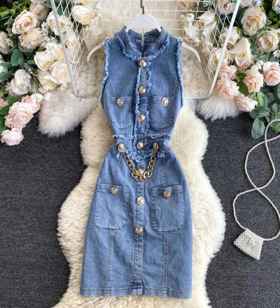 

hong kong style women039s dress 2020 new summer fashion burr slim sleeveless vest skirt retro denim skirt8684175, Black;gray