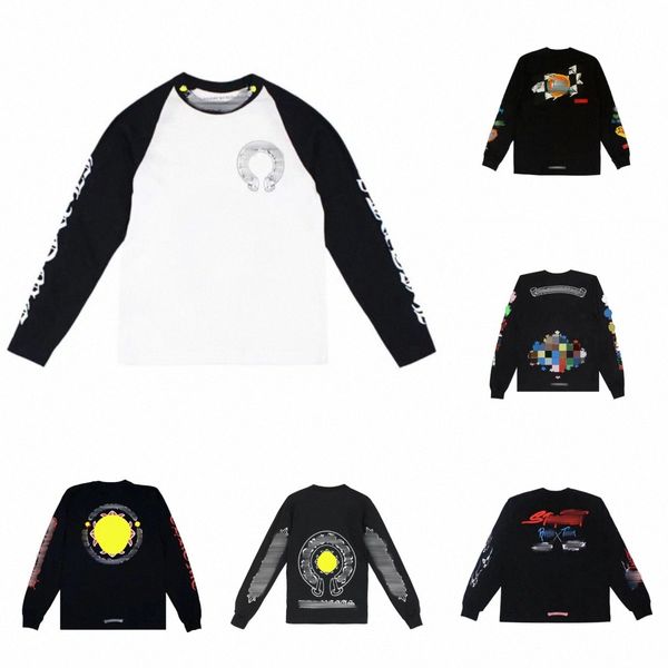 

men's designer t shirts classics heart brand long sleeves tees casual loose street horseshoe sanskrit cross print, Black