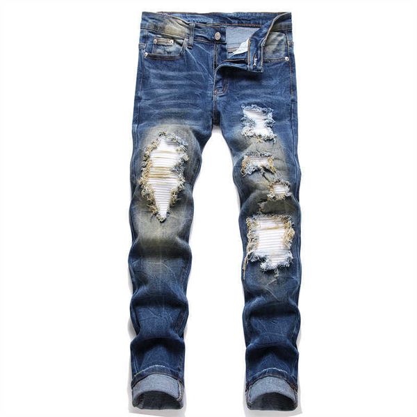 

men's jeans new 2023 autumn punk cat beard hole patch mid waist pants 3502, Blue