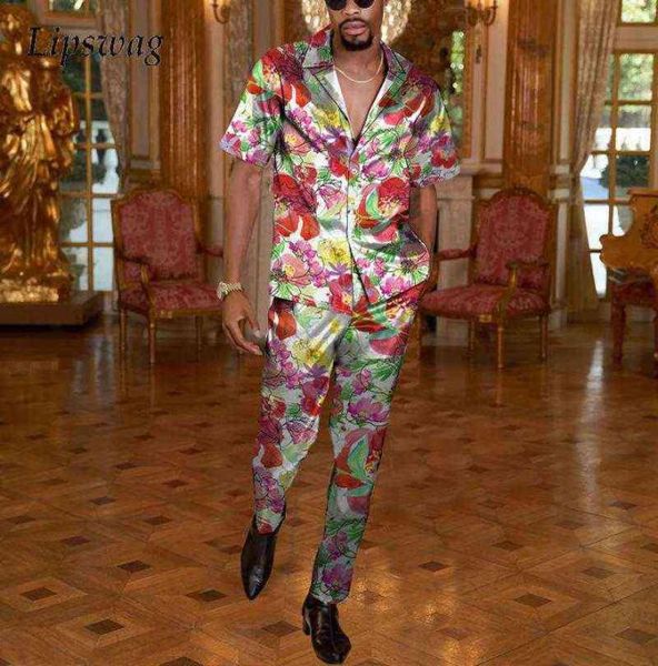 

vintage floral printed two piece sets men spring summer short sleeve buttoned shirts and straight pants suit mens casual outfits t7734444, Gray