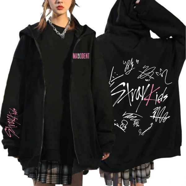 

womens hoodies sweatshirts stray kids kpop 5 stars print zipup hoodie korean style y2k harajuku fashion women winter warm zipper hoody coats, Black