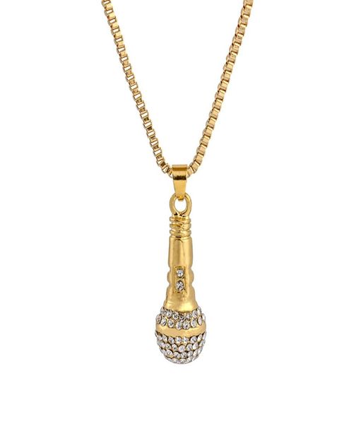 

hip hop gold color titanium stainless steel ice out bling music stereoscopic microphone pendant necklace for men jewelry2557876, Silver