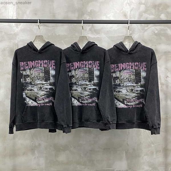 

men fashion vintage hoodie car washed distressed pullover high street personalized leisure sweatshirts clothing, Black