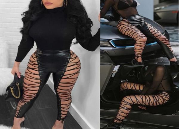 

2018 new womens black leather lace up skinny pencil pants summer clubwear high waist hollow bandage stretch slim trousers9309533, Black;white