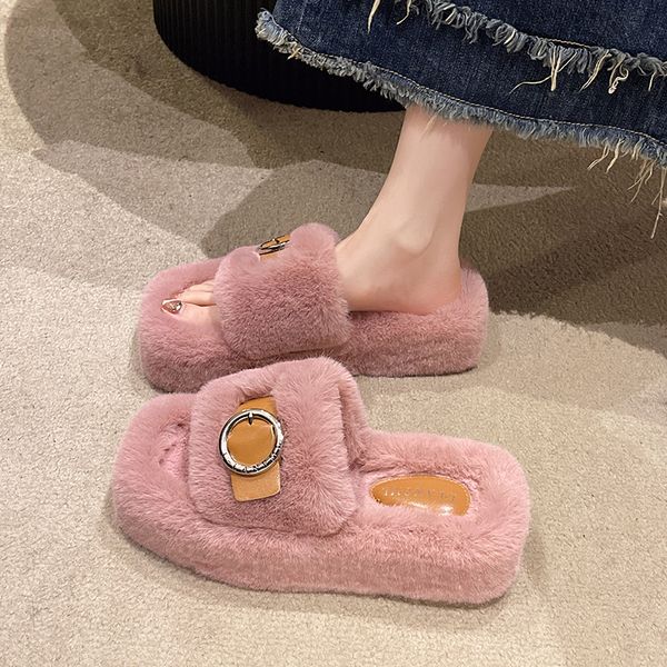 

slippers autumn and winter fairy wind flat plus cashmere cotton slippers ladies fashion and comfortable fluffy half drag 230817, Black