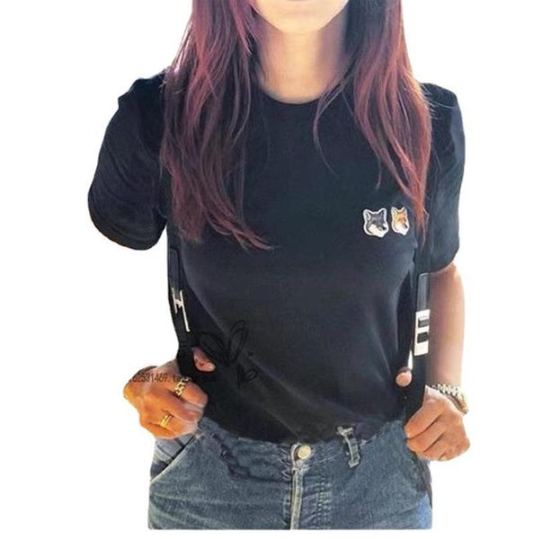 

2023 summer new double head fox luxury embroidery couple style combed cotton round neck short sleeve versatile straight tube t-shirt, White