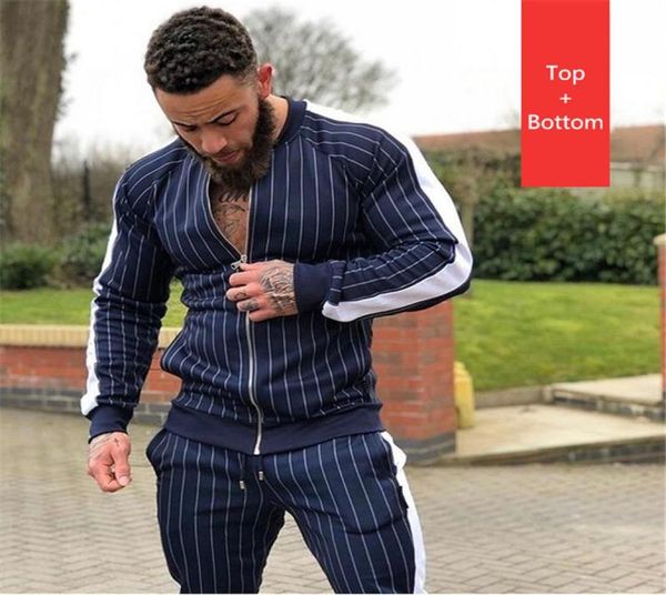 

men039s tracksuits jackets and pants set zipper opening coat waist ribbon trousers stripped color splicing style fitness workou5424828, Gray