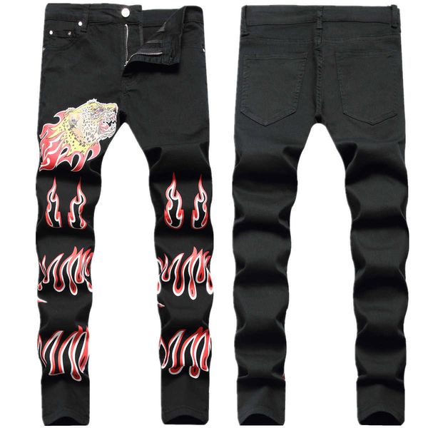 

men's jeans hip hop west coast tidal black digital print leopard head elastic slim fit small straight sleeve for men, Blue