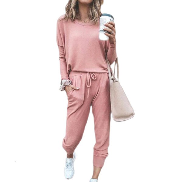 

womens two piece pants spring autumn sportswear casual pure color loose hoodies long sleeved pullover with sweatpants pieces set 230818, White