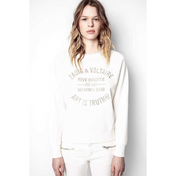 

zadig voltaire designer hoodie zv pullover women's classic white letter silver embroidery pure cotton embroidery sweater, Black