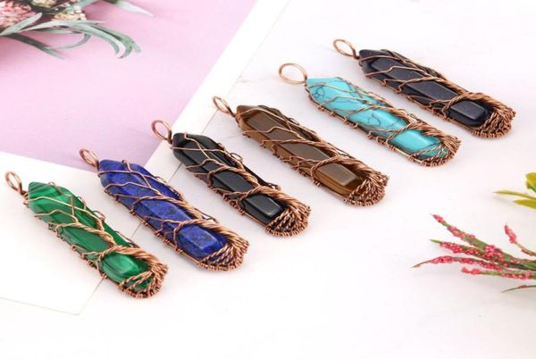 

healing crystal natural stone hexagon pillar charms necklaces twine copper tree of life wire wrap pendant amethyst tiger eye rose 6262127, Silver