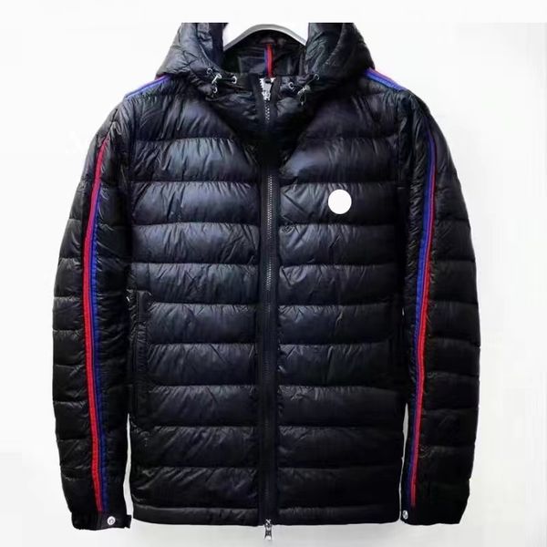 

arm colorful stripes mens down jacket chest badge hooded puffer jacket winter fashion designer warm coat man down jackets asian size m--3xl, Black