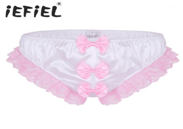 

new arrival mens male lingerie shiny ruffles floral lace three big bows sissy stretchy briefs underwear triangle panties brief19367880, Black;white