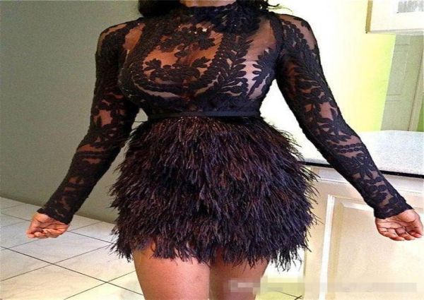 

design fashion christmas feather cocktail dresses black celebrity evening dresses mini long sleeves short party prom dress vestido9380789, Black;red