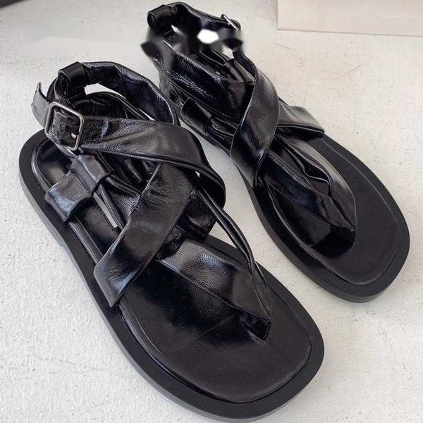 

sandals woman casual flat women peep toe hook loop holiday beach shoes thick sole versatile, Black