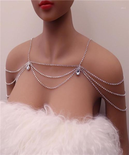 

fashion unique rhinestone shoulder chain wedding bridal jewelry shoulder body chain bling crystal water drop necklace17153173, Silver