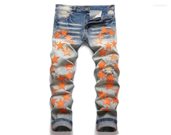 

men039s jeans men orange leather patches stretch denim streetwear holes ripped tapered pants vintage distressed blue trousers1601673