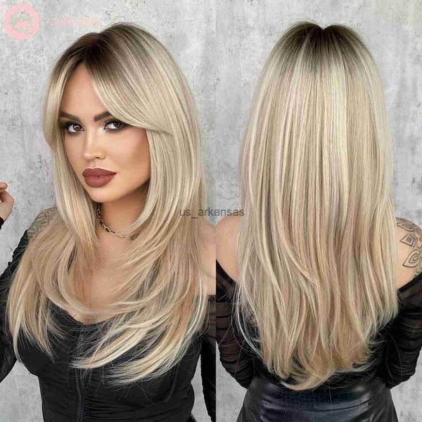 

synthetic wigs 7jhh wigs natural long straight ombre wigs synthetic light blonde wig for woman daily cosplay middle part heat resistant fibe, Black
