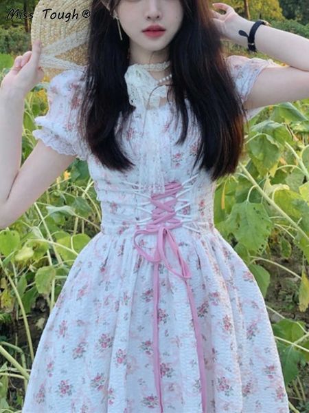 

summer floral sweet kawaii fairy dress print lace france vintage elegant dres puff sleeve korean party midi dresses 230808, White;black