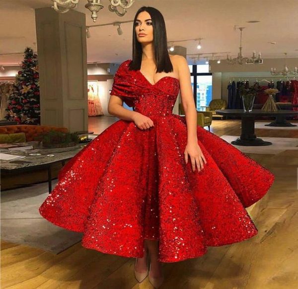 

dark red sequins ball gown evening dresses one shoulder ruffles ankle length saudi arabic prom dresses formal evening gowns zipper2374739, Black;red