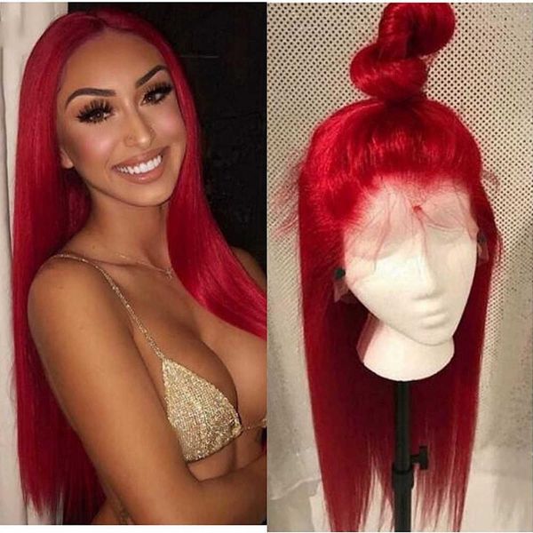 

wig female front lace wig red long straight hair chemical fiber wig cover 230818, Black