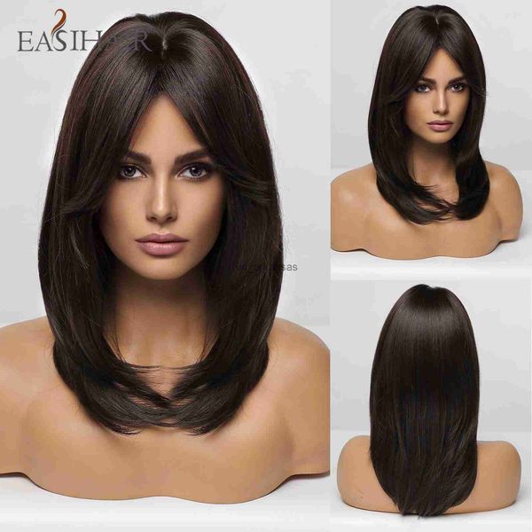 

synthetic wigs easihair dark brown wigs with bangs layered synthetic wigs for women medium length cosplay wigs heat resistant daily wig hkd2, Black