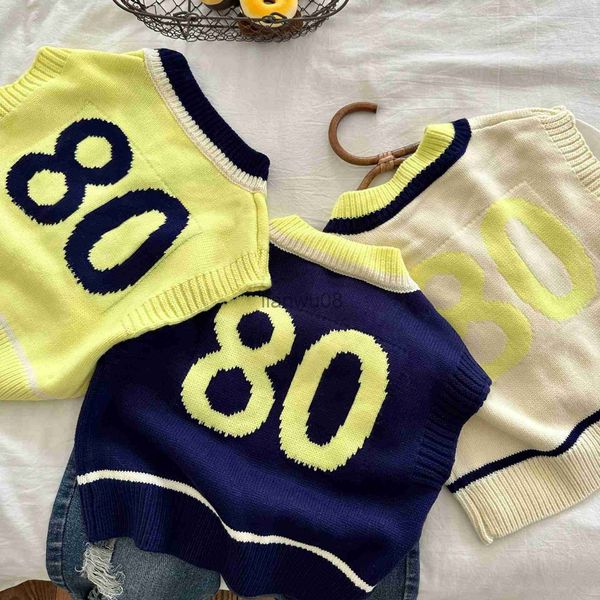 

pullover children's vest 2023 spring new boys and girls contrast color digital vest baby vneck sleeveless sweater x0818, Blue
