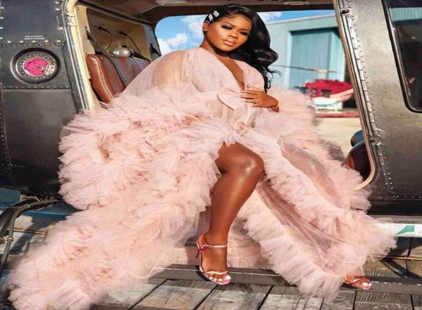 

pink illusion bridal jacket ruffles tulle long sleeve women winter kimono pregnant party sleepwear bathrobe sheer nightgown r4968543, White