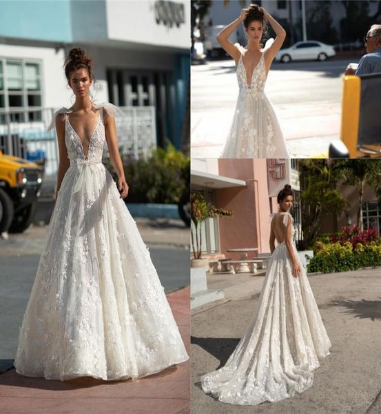 

ivory floor length 3d flowers wedding dresses plunging v neck backless a line lace appliqued wedding bridal gowns boho weddin3212233, White