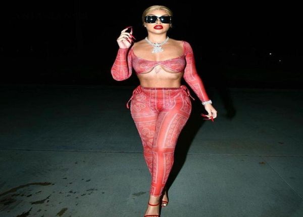 

bandana print sheer mesh two piece set long sleeve crop leggings 2pc club outfits for women matching sets d87cz16 women0399725119, Gray
