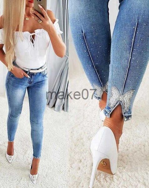 

women's jeans pants for woman 2023 new rhinestone beaded butterfly pattern split hem skinny jeans without belt allmatch denim trousers, Blue