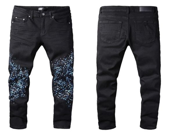 

mens jeans distressed motorcycle biker jean graffiti rock skinny slim ripped hole letter printing denim pants jeans6099598, Blue
