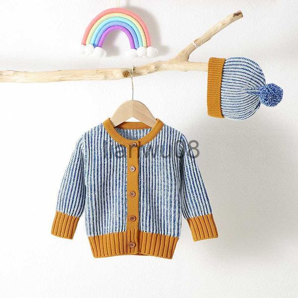 

pullover baby sweater knitted newborn girl hat fashion stripe pompom infant boy clothing cardigan outerwear long sleeve autumn 2pcs x0818, Blue