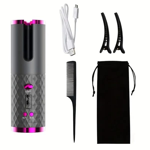 

portable usb rechargeable cordless automatic hair curler - ceramic cylinder spinner for long hair, fast heating & anti-tangle styling on the, Black